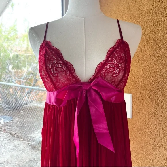 ♥️✨♥️ NFS Victoria’s Secret Pink Bow Red Lace Pleated Babydoll Flyaway Lingerie - Picture 3 of 5